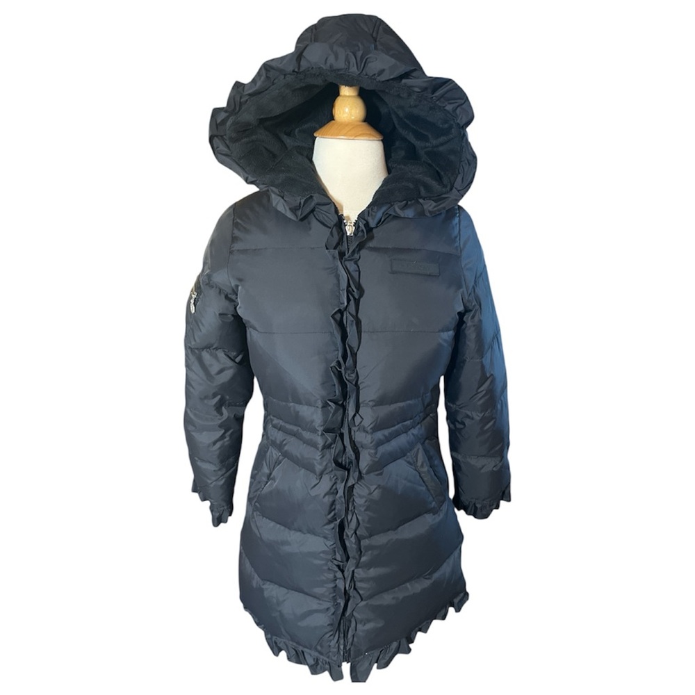 DKNYC Black Kids Puffer Jacket w/ruffle trim detail Size XL juniors 14-16 misses